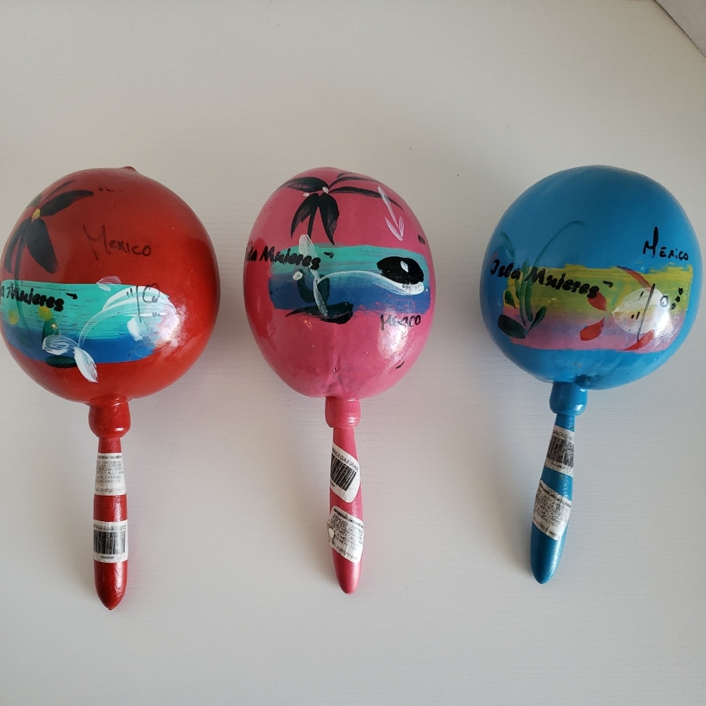 (3)  Maracas Hand Painted Mexico Souvenir Gourd Shakers